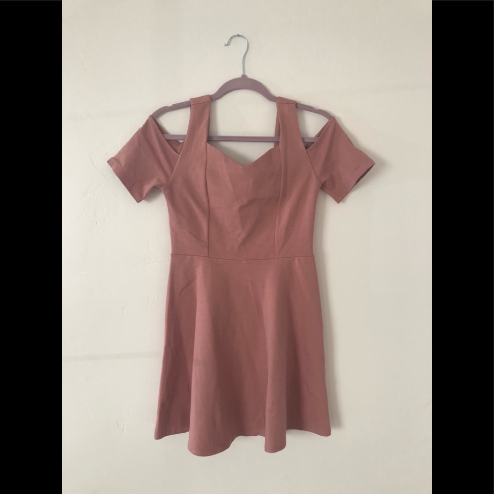 Blush skater dress with peekaboo shoulders